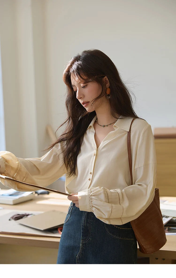 Women's Shirt Lantern Sleeve Hollow Out Tops 2025 Autumn Single Breasted Solid Shirts Lapel Shirt Office Lady MXE41C2359