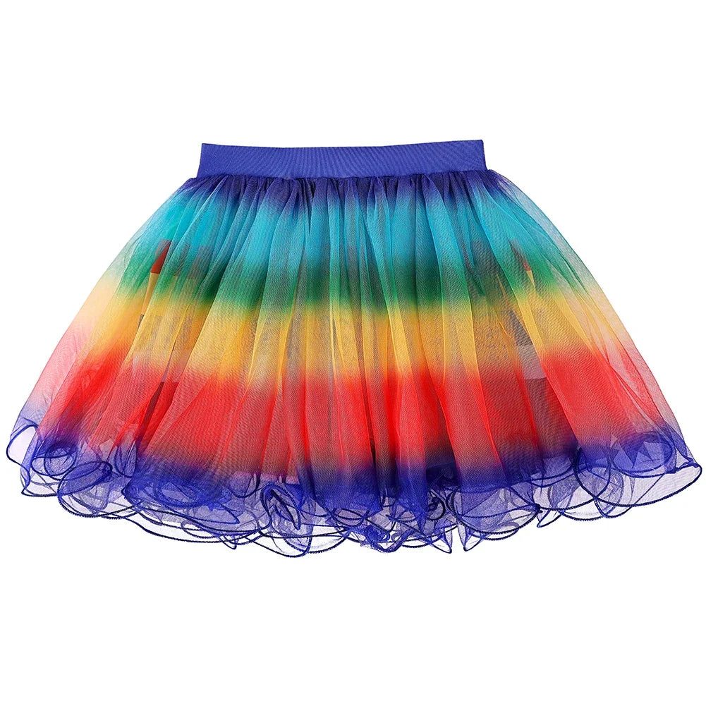 Girls Rainbow Striped T-Shirt Tutu Skirt With Cat Ears Headband Set Halloween Carnival Cosplay Costume Kids Birthday Clothing