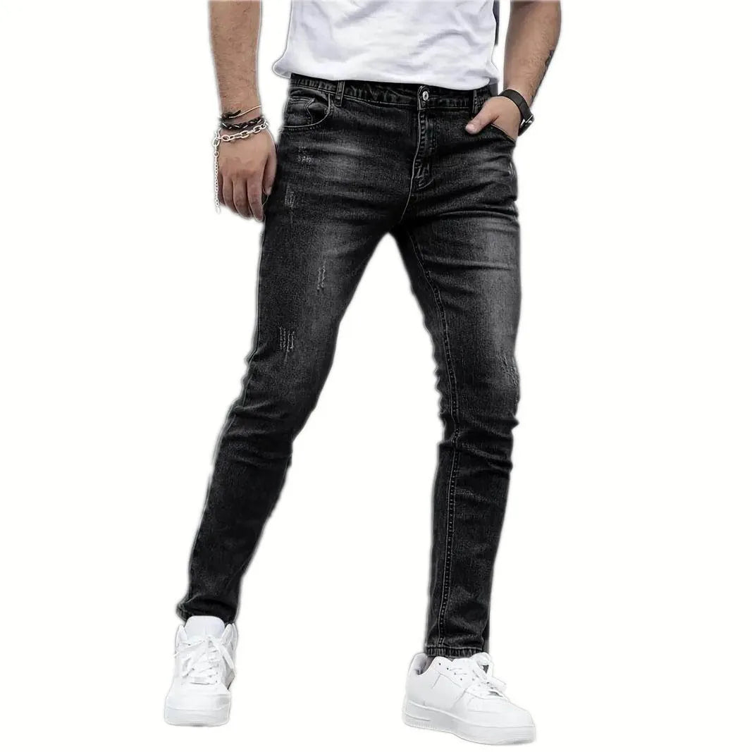 2025 New Men's Slim-Fit Snowflake Washed Jeans Four Seasons Stretch Denim Machine Washable Mid Stretch Casual Pants