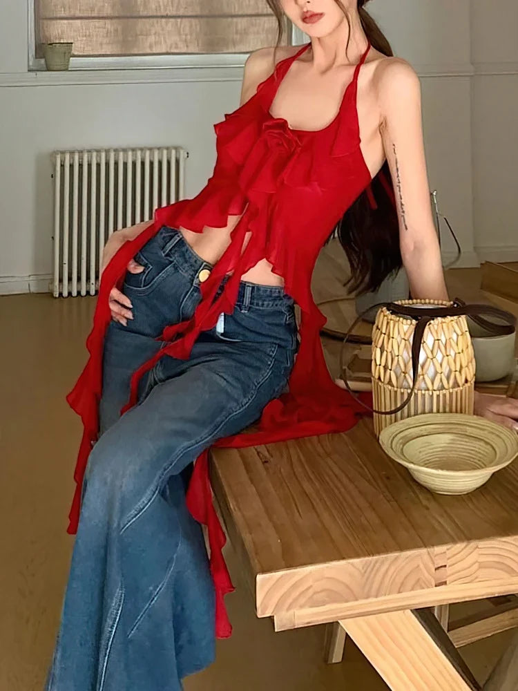 Sexy Y2k Vintage Thin Strape Ruffle Halter Crop Top Women Backless Basic Sleeveless T shirt Off shoulder Club Party Lady Tees