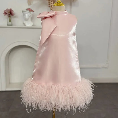 Customized Pink Flower Girl Dresses For Wedding Satin Feather With Bow Princess Birthday Party First Communion Pageant Ball Gown