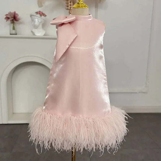 Customized Pink Flower Girl Dresses For Wedding Satin Feather With Bow Princess Birthday Party First Communion Pageant Ball Gown