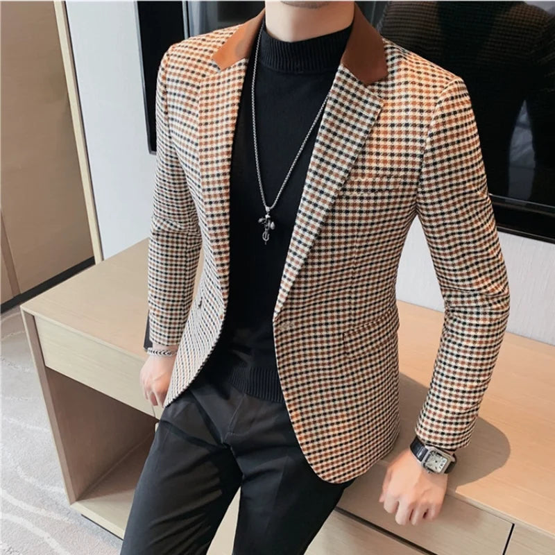 2024 Autumn Winter Korean  Houndstooth Blazer Jackets Fashion Color Matching Lapel Design Casual Men's Plaid Suit Coat Tuxedo