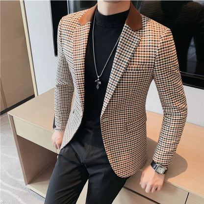 2024 Autumn Winter Korean  Houndstooth Blazer Jackets Fashion Color Matching Lapel Design Casual Men's Plaid Suit Coat Tuxedo