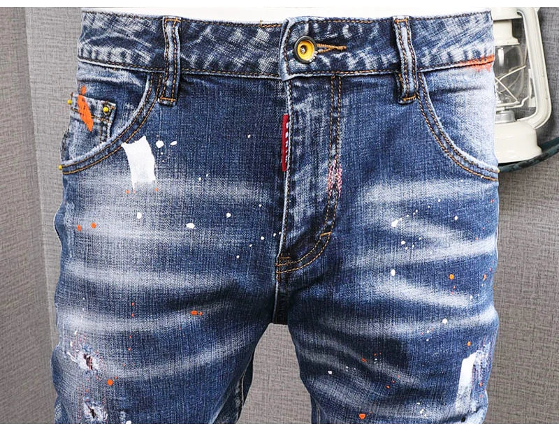 Fashion Streetwear Men Jeans Retro Black Blue Elastic Slim Fit Ripped Jeans Men Spliced Designer Embroidery Hip Hop Denim Pants