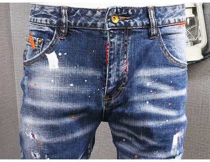 Fashion Streetwear Men Jeans Retro Black Blue Elastic Slim Fit Ripped Jeans Men Spliced Designer Embroidery Hip Hop Denim Pants