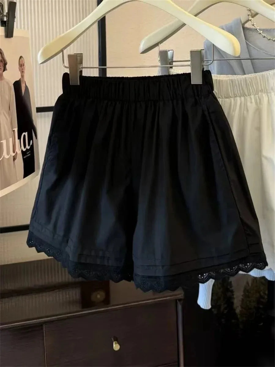White Lace Trim Patchwork Casual Shorts for Women's High Waisted Wide Leg Vacation Beach Pants Loose Thin Bottoms Home Shorts