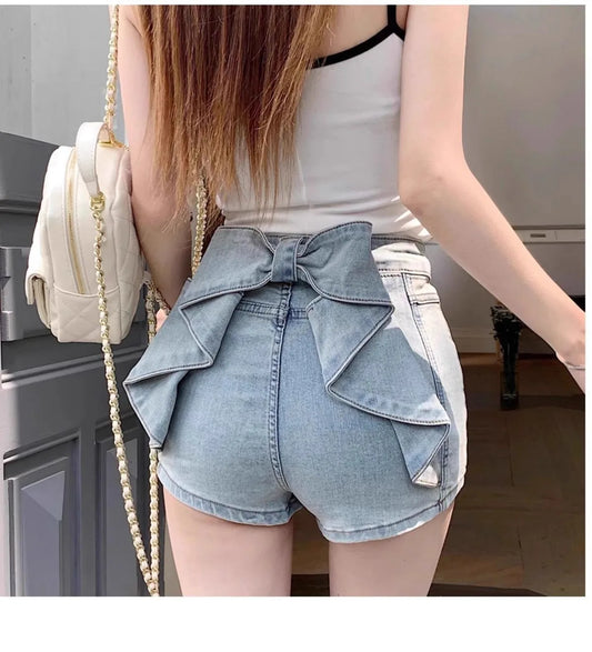 Women's Sexy Denim Shorts  Y2K Petite High Waisted Hip Lifting Shorts with Personality 3D Bow Detail Slim Summer Hot Pants