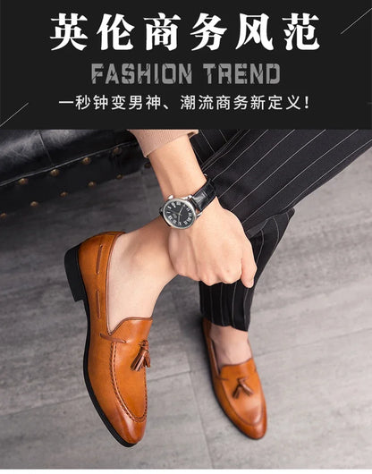 2025 New Men Leather Shoes Pointed Toe Formal Dress Shoes Slip On Men Loafer Tassel Shoe Zapatos Hombre