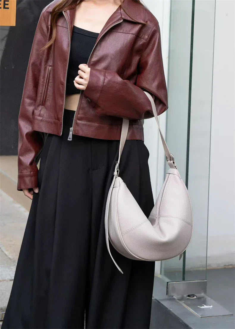 Slouchy Genuine Leather Hobo Bags For Women Luxury Cowhide Soft Crescent Shoulder Bag Crossbody Work Purses Handbags