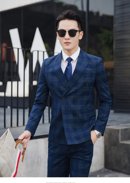 27 Colors ( Blazer + Vest + Pants ) Boutique Fashion Plaid Formal Office Business Mens Suit Three Pieces Groom's Wedding Dress