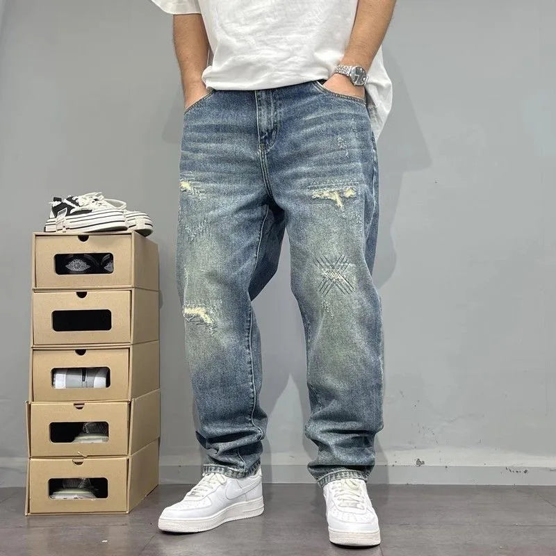Autumn and Spring New Fashion Trend Pure Color Retro Straight Leg Jeans Men's Loose Sports Plus Size High Quality Denim Pants