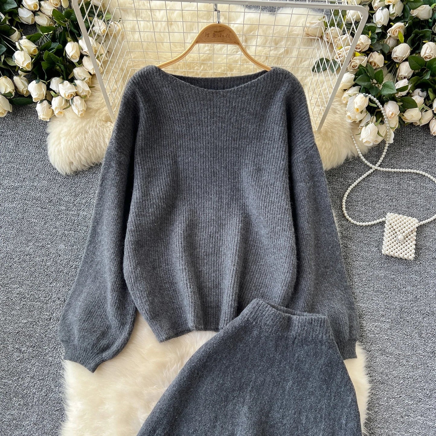 Autumn Casual Two Pieces Sets Women O-Neck Loose Knitting Top+Elastic Waist Large Swing Skirt Basic Korean Winter Sets