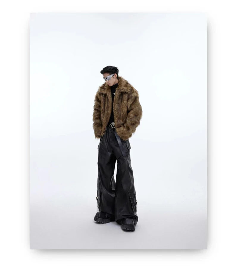 Winter Short Thick Warm Brown Hairy Soft Faux Fur Coat Men with Turn-down Collar Long Sleeve Fluffy Jackets 2024