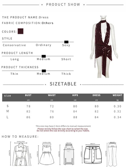 Coquettish Shiny Sequins Dress Women Halter Scarf+Sexy Deep V-Neck Backless Sleeveless Ruched Ribbon Club Hottie Outfits