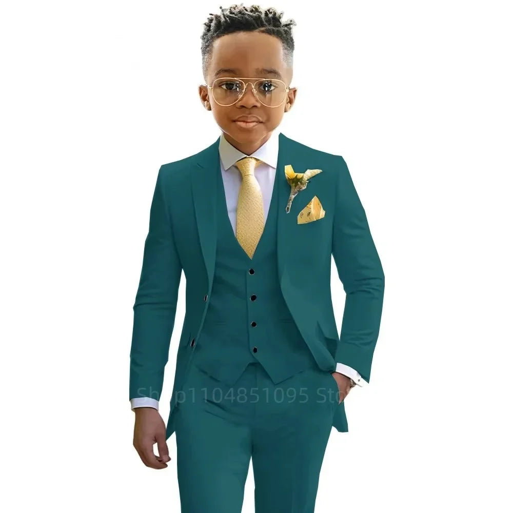 Stylish Boys Suit Wedding Tuxedo Solid Peak Lapel Jacket Vest Pants Party Prom 3 Piece Set Kids Formal Outfit 2-18 Years Old