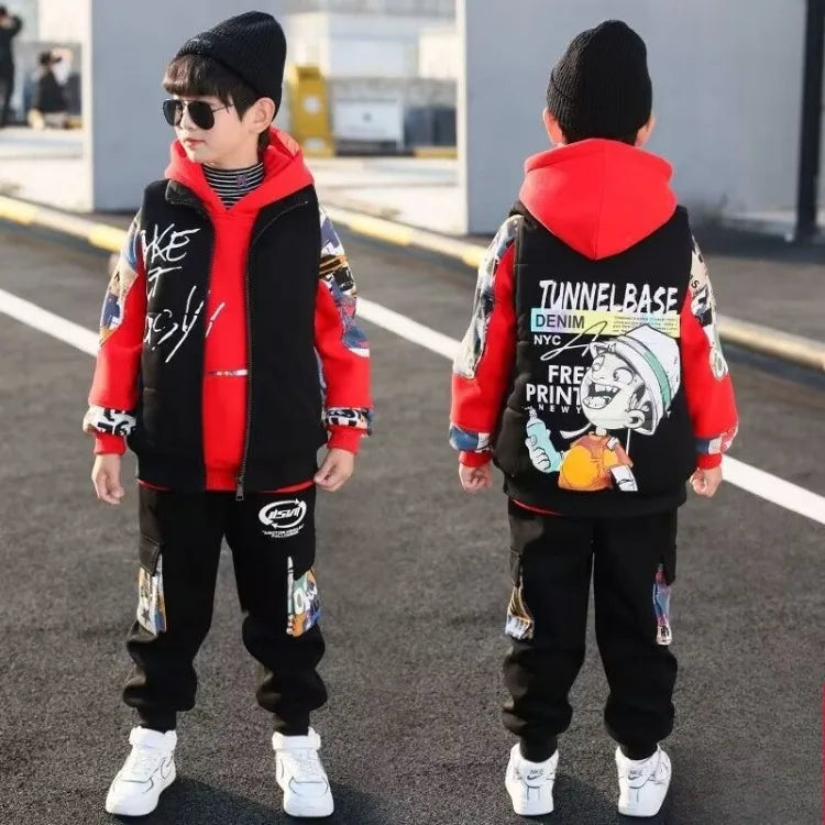 Fleece-Lined Coat Set Hoodies Printed Cartoon Boy Children's Clothing Men's Sets Autumn Winter Clothes Elementary Student Suit