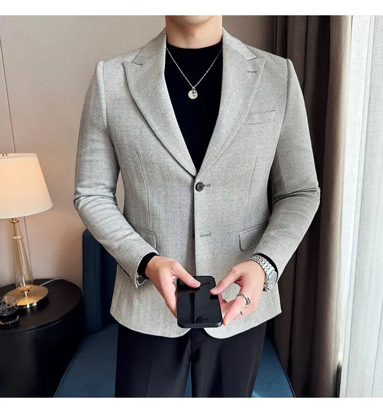 Men's Herringbone Stripe Suit Blazer Classic Lapel Dress Jacket Elegant Slim Fit Fashion Simple Casual Business Prom Suit Jacket