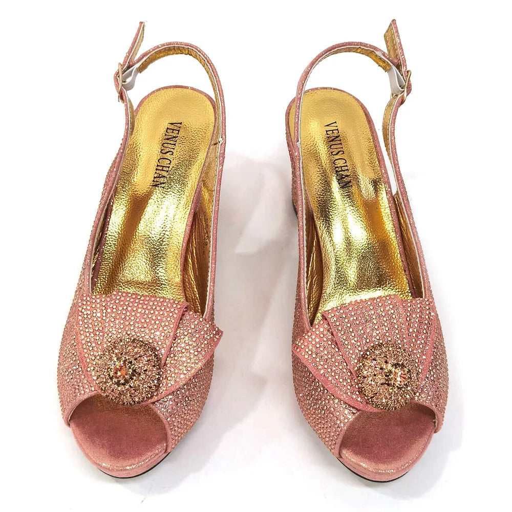 2024 Italian Design Girly Style Golden Color Wedding Shoes And Bag Full Diamond Decoration Metal Closure Bags