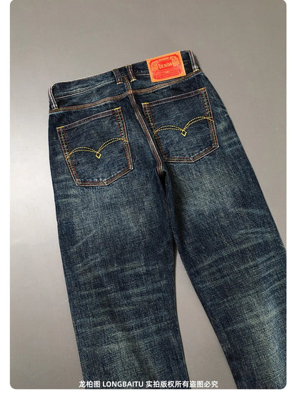 High Quality 100% Cotton Washed Yellow Selvedge Denim Jeans for Men American Vintage Casual Spring Autumn Loose Straight Pants