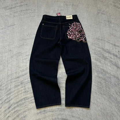 Hip-hop gold coin jeans Y2K retro low waist wide leg zipper pants y2k clothing men's fashion embroidered loose jeans