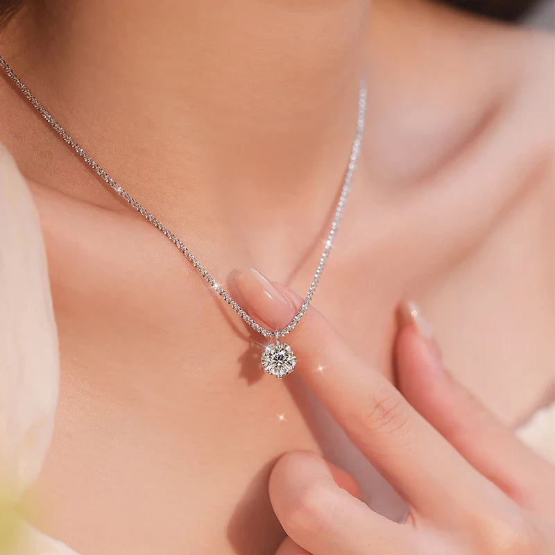 Real Moissanite Diamond 6 Prong Pendant Necklace 925 Sterling Silver Sparkling Cauliflower Chain for Women Wedding Fine Jewelry