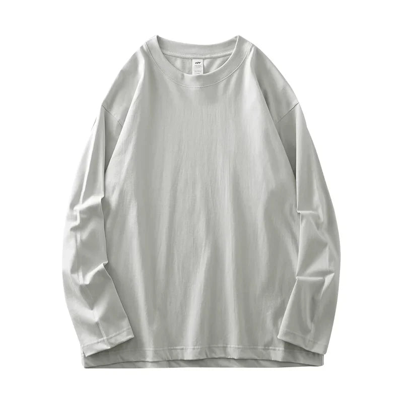 Men's 260G Long Sleeve T Shirts 2025 Spring Pure Cotton Solid Color Basic Crew-Neck Undershirt Men's Loose Tops 11 Color