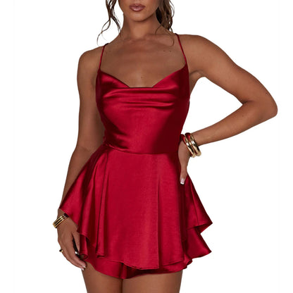 Summer Women Solid Color Cami Playsuits Cowl Neck Sleeveless Short Jumpsuits Dress Cross Tie-Up Backless Romper Clubwear