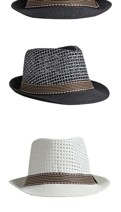 Men's Hats Summer Breathable Straw Small Top Hat Women's Sun Protection Beach Hat British Retro Jazz Cap Mesh Fedora Black Hat