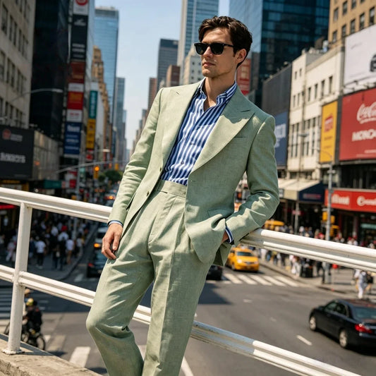 2 Pieces Summer Sage Green Linen Men Suits Relaxed Fit Peak Lapel Blazer With Pleated High Waist Pants For Casual Events