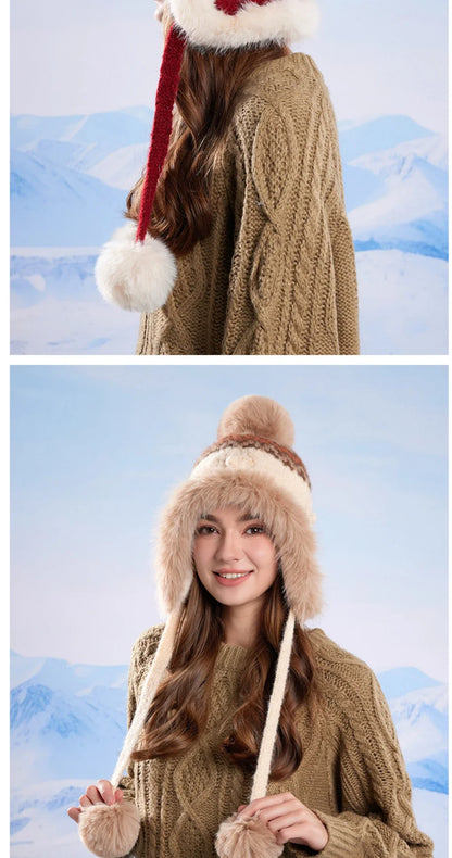 New Thick Warm Women Winter Hat Skullies Beanies Knitted Fur Hat Three Fur Ball Beanie Hat Female Earflap Cap Russian Hat