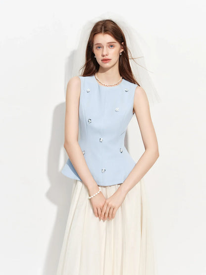 Women's Sleeveless Round Neck Beaded Vest Blouse Elegant Light Formal Top 2026 Summer Ceremony Wedding Bridesmaid