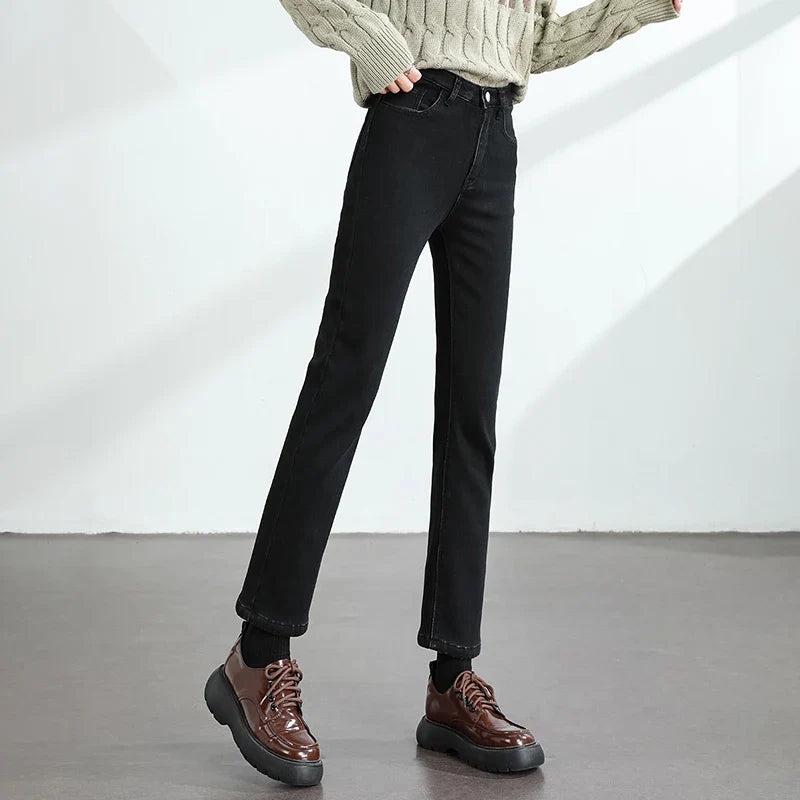 Women's Winter Fleece Warm Jeans Retro Elastic Thickened Comfortable Straight Fashion Korean Casual Female Velvet Denim Pants