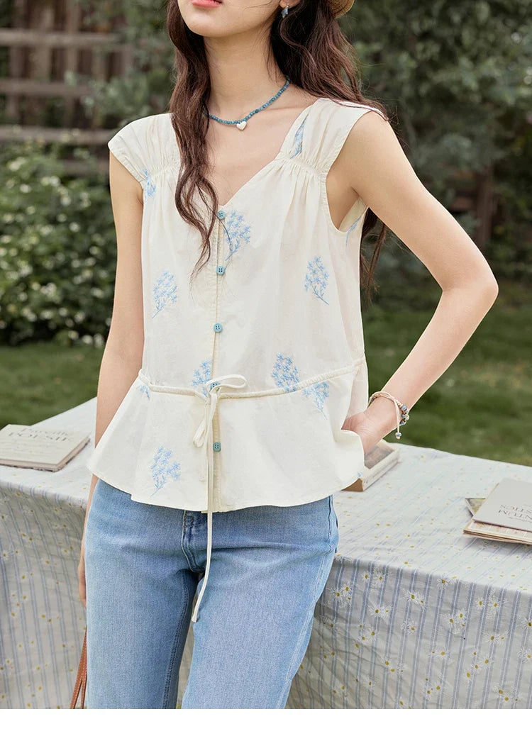 Print French Summer Shirts for Women New 2025 Sleeveless V-neck Blue Flower Cotton Blouses Female Fashion Tops MXE32X1777