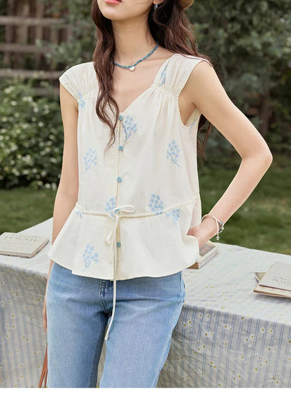 Print French Summer Shirts for Women New 2025 Sleeveless V-neck Blue Flower Cotton Blouses Female Fashion Tops MXE32X1777