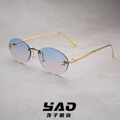 Rimless Oval Sunglasses Women 2025 New Fashion Gradient Ocean Lenses Sun Glasses Stylish Women Luxury Brand Design Shades