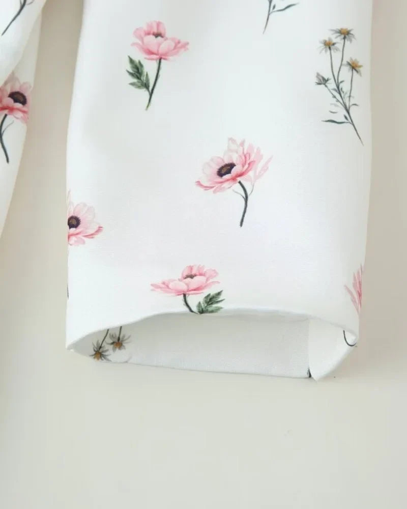 Women's Floral Print Blazer, White Pink Flower Casual Suit Jacket, Notch Lapel Loose Outwear with Tie Waist, Spring Daily Wear