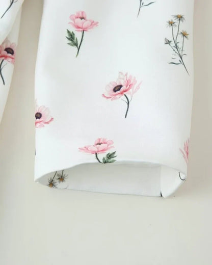 Women's Floral Print Blazer, White Pink Flower Casual Suit Jacket, Notch Lapel Loose Outwear with Tie Waist, Spring Daily Wear