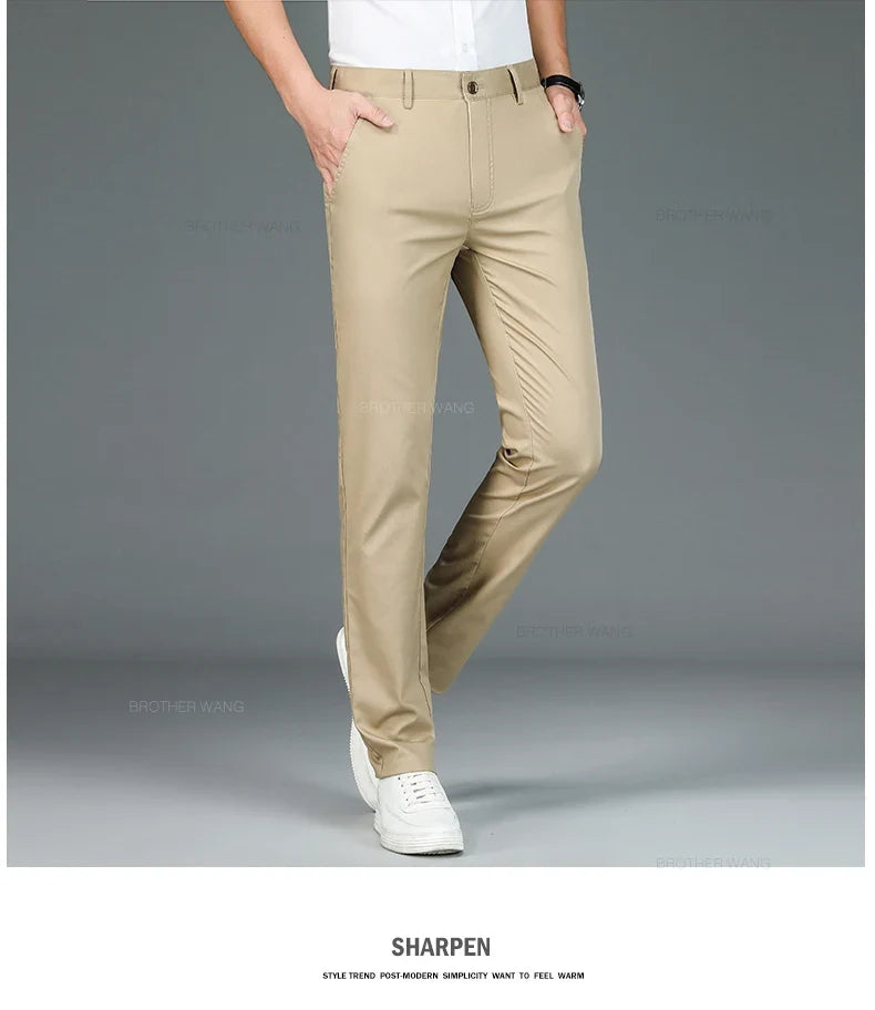 Bamboo Fiber Fabric Men's Casual Pants Summer New Ultra-thin Elastic Soft Straight Business Trousers Classic Black Khaki Gray