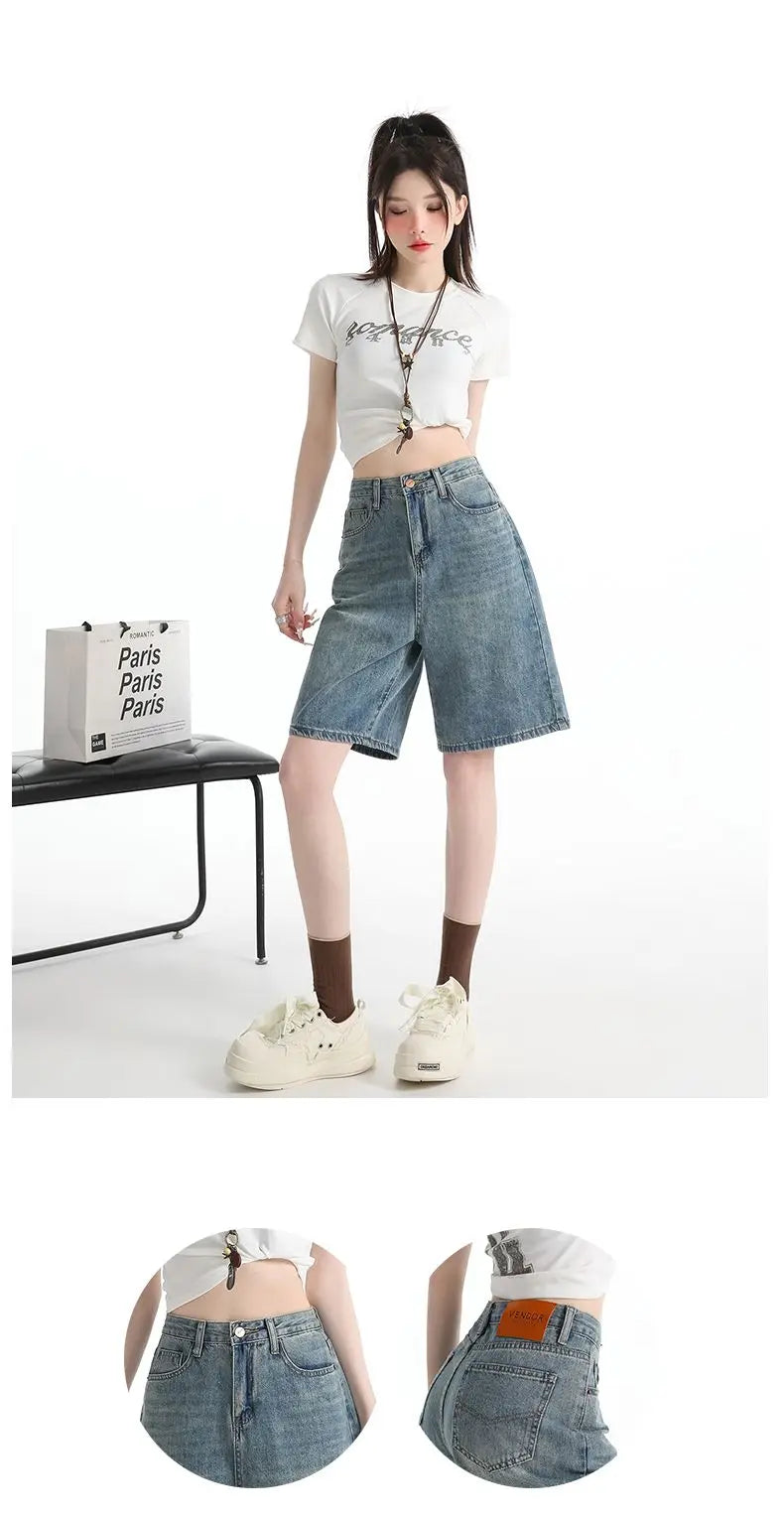 Women's High Waist Wide Leg  Y2K American Retro Washed Five-Point Denim Shorts Summer Loose Slim Straight Cut Mid-Length Pants
