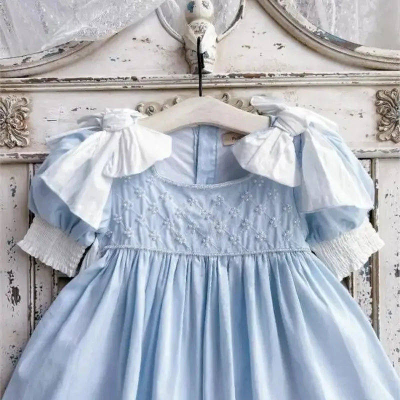 Baby Girl Princess Cotton Bow Pearl Dress Infant Toddler Child Ruffled Spanish Blue Vestido Birthday Party Baby Clothes 18M-7Y