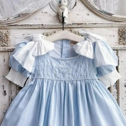 Baby Girl Princess Cotton Bow Pearl Dress Infant Toddler Child Ruffled Spanish Blue Vestido Birthday Party Baby Clothes 18M-7Y