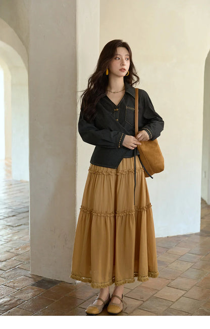 Autumn Retro Black Imitation Denim Shirt 2025 Side Lace-up Solid Shirts Lapel V-neck Retro Button Casual Tops MXE42C2374