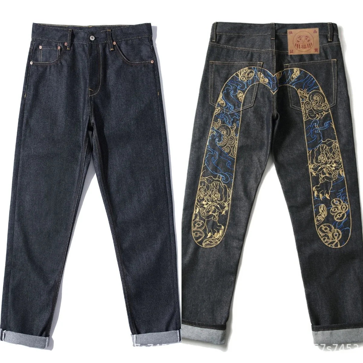 Men's Japanese Handmade Embroidered Jeans Pure Cotton Straight Tube Hip-Hop Popular Slim Red Ears Show Thin Trousers Devil Black