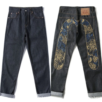 Men's Japanese Handmade Embroidered Jeans Pure Cotton Straight Tube Hip-Hop Popular Slim Red Ears Show Thin Trousers Devil Black