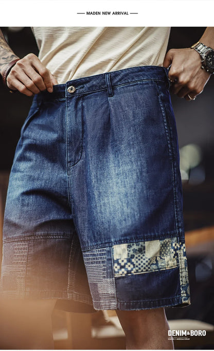 Maden Men's American Retro Slub Texture Washed Denim Shorts Vintage Cloth Spliced Five Inch Loose Casual Workwear Daily Trousers