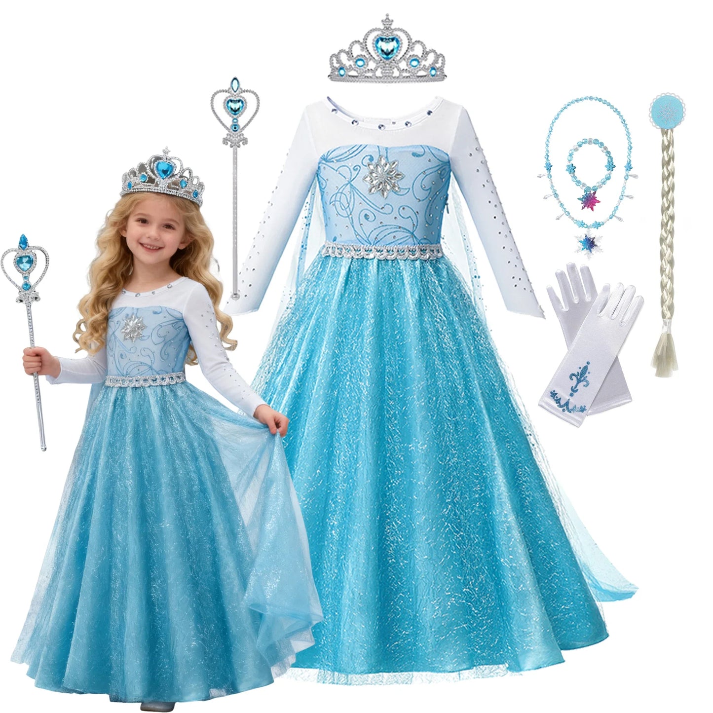 Girls Snow Queen Elsa Anna Long Sleeves Costume Kids Princess Dress Halloween Cosplay Party Prom Gown Vesidos For 2-10 Years