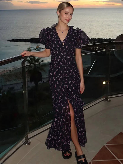 Floral Print Women's Summer Ruffle Dress Sexy V-neck Short Puff Short Sleeve Beach Slim Female Dress 2026 Holidays Lady Robe
