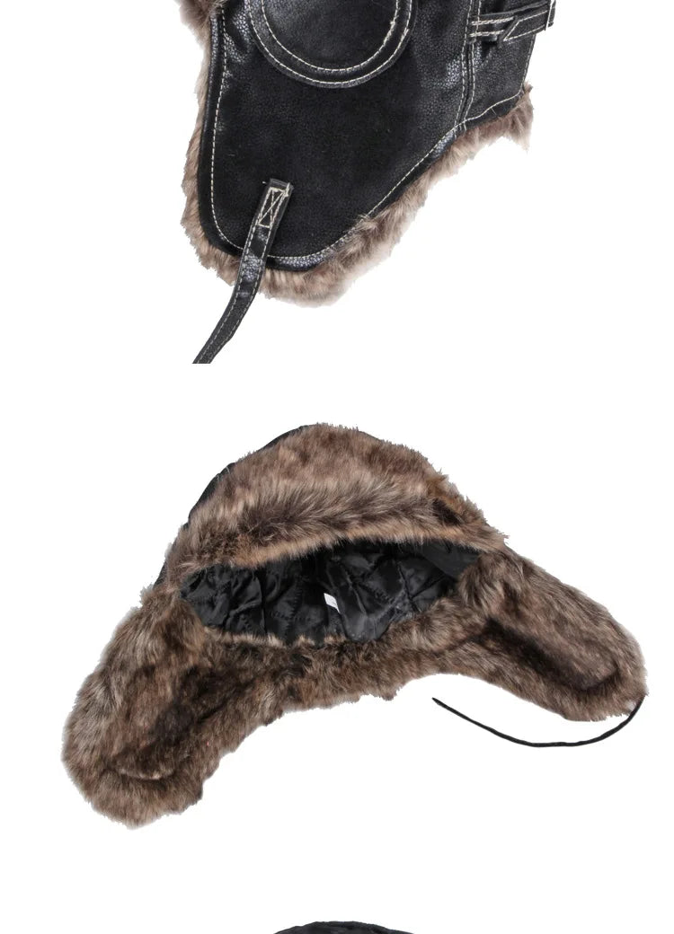 Russian Trapper Soviet Ushanka Bomber Hat Knitted Leather Earflap Fur Lined Winter Cap for Men Women