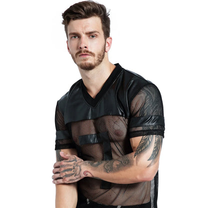 Sexy Men Fishnet T-Shirt PU Faux Leather Mesh Shirts See Through Tops Tee Transparent Short Sleeve Stage Clubwear